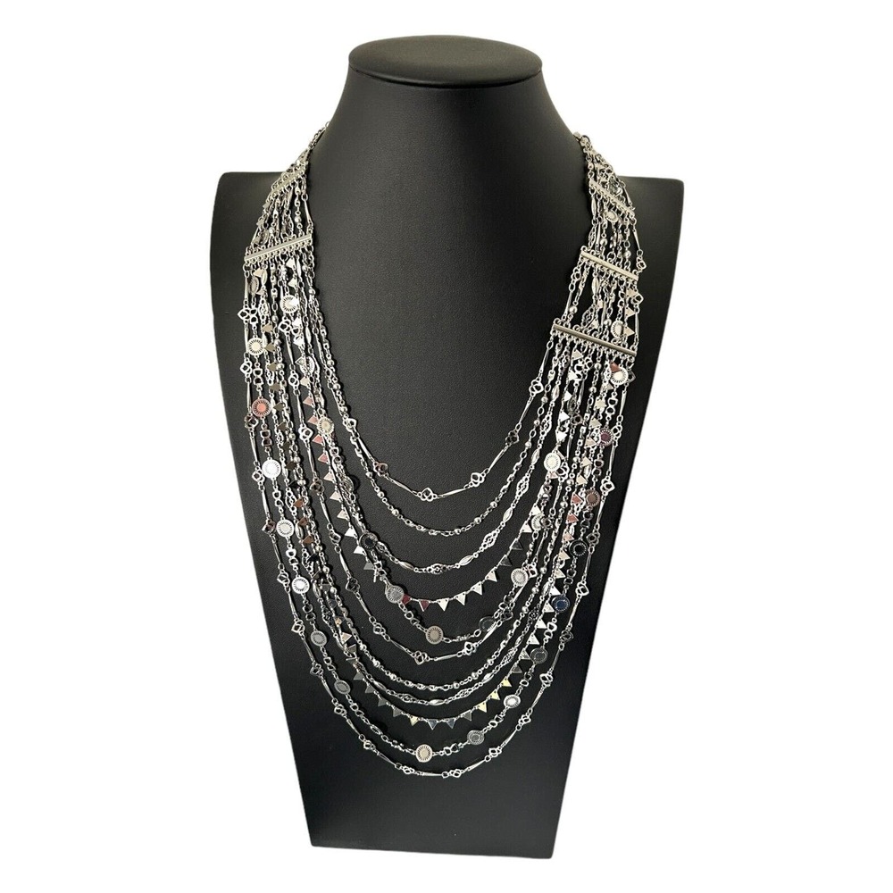 BCBG Max Azria Multi-Strand Silver Tone Statement Necklace Layering Ethnic 14"